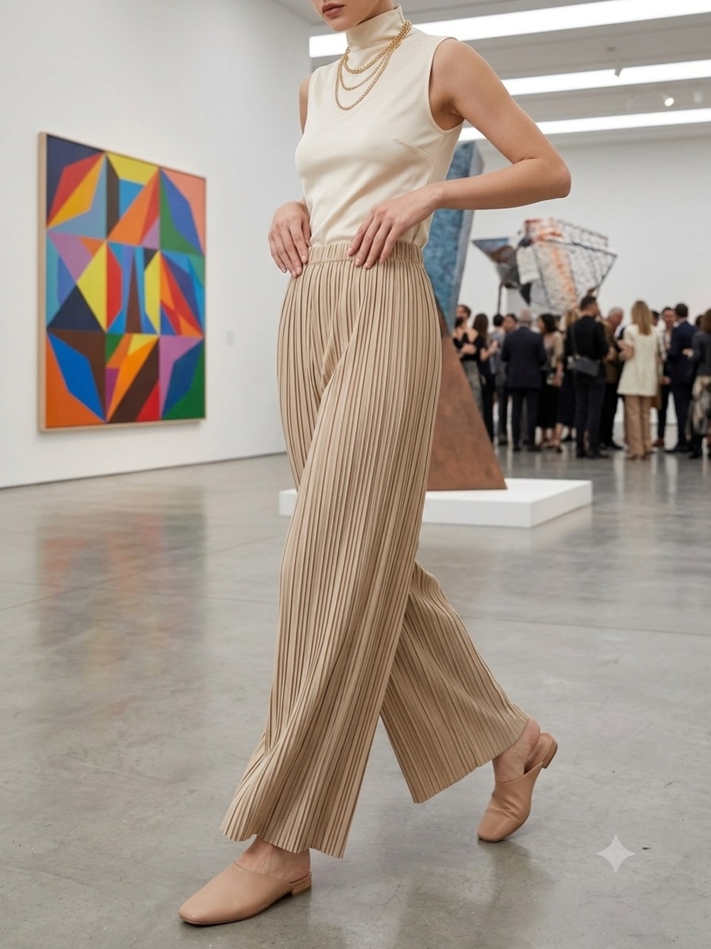 Uniqlo Pleated Wide-Leg Pants in Light Beige
